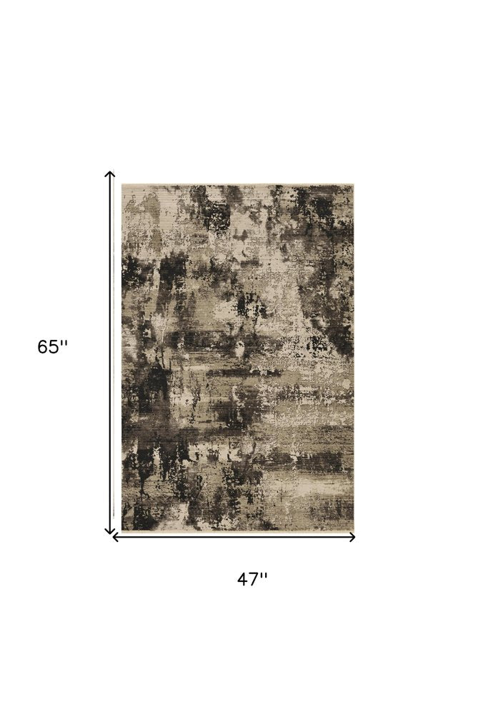 4' X 5' Charcoal Beige And Taupe Abstract Distressed Area Rug