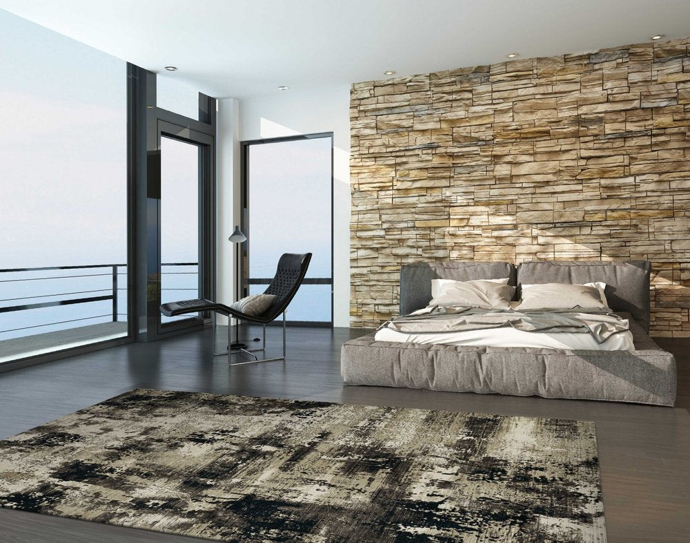 4' X 5' Charcoal Beige And Taupe Abstract Distressed Area Rug