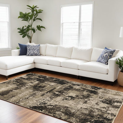 7' Ivory Charcoal Machine Woven Shrank Abstract Design Indoor Runner Rug