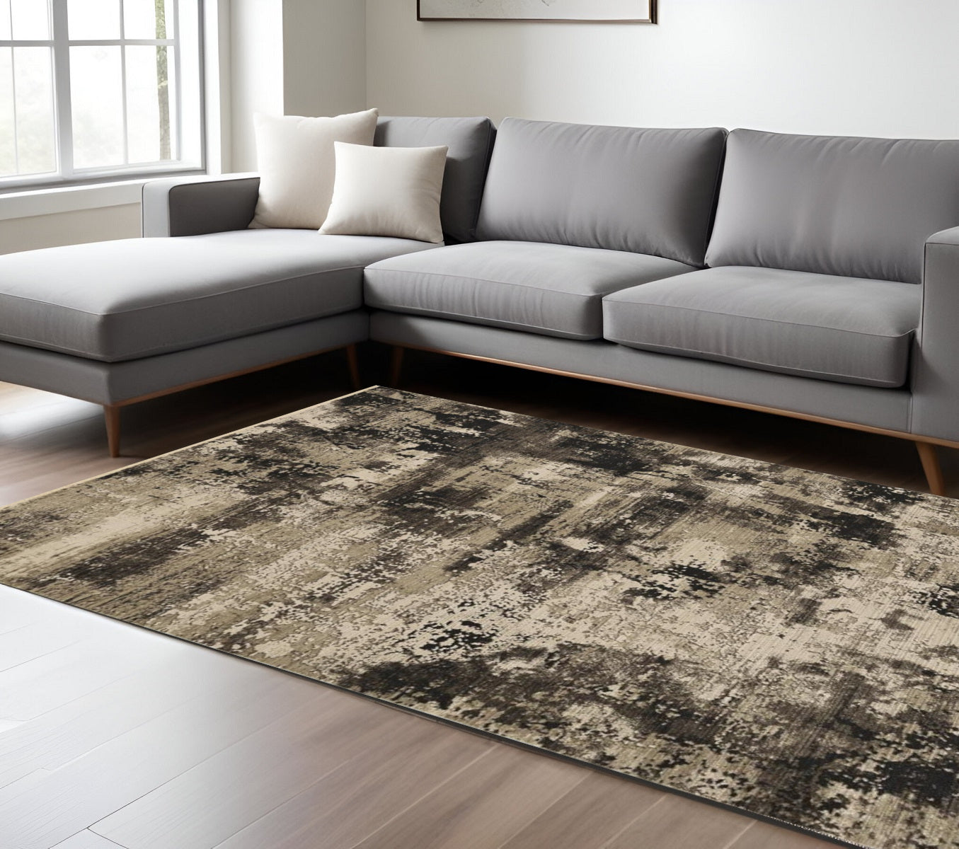 4' X 5' Charcoal Beige And Taupe Abstract Distressed Area Rug