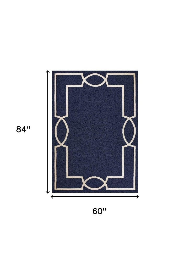 7' Blue And Ivory Round Geometric Handmade Indoor Outdoor Area Rug