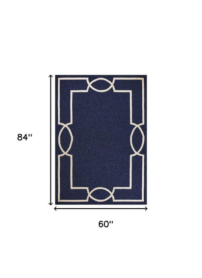 7' Blue And Ivory Round Geometric Handmade Indoor Outdoor Area Rug