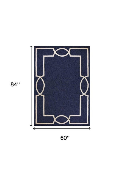 7' Blue And Ivory Round Geometric Handmade Indoor Outdoor Area Rug