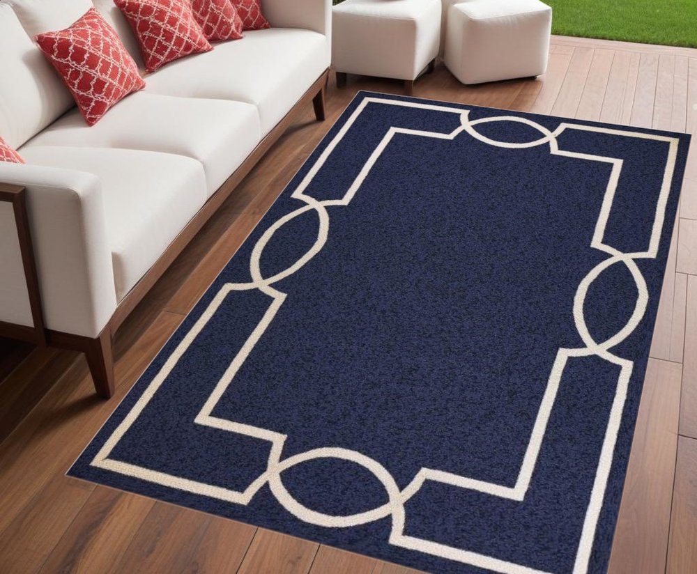 7' Blue And Ivory Round Geometric Handmade Indoor Outdoor Area Rug