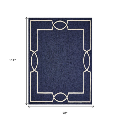 7' X 10' Blue And Ivory Geometric Hand Hooked Area Rug