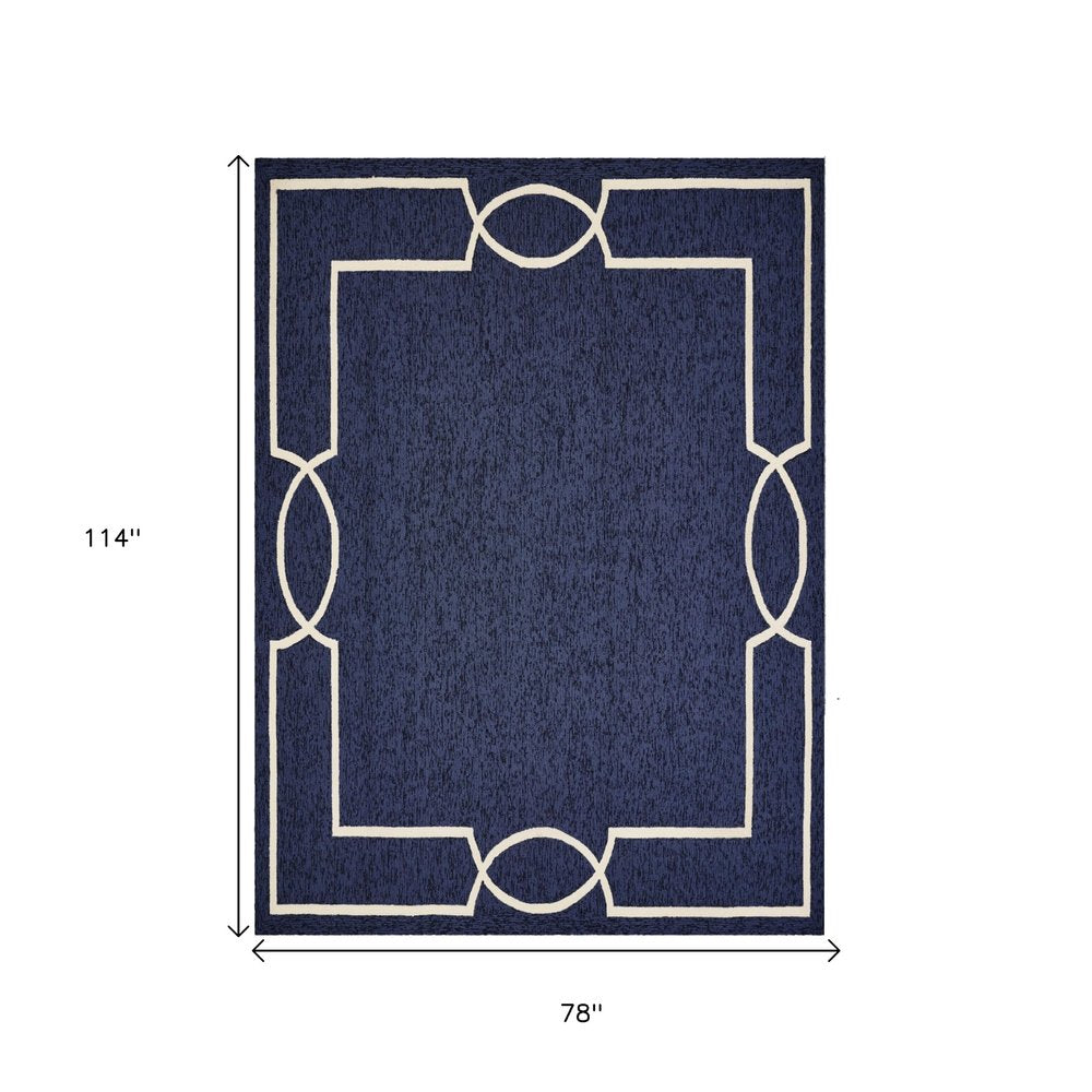 8' X 11' Blue And Ivory Geometric Hand Hooked Area Rug