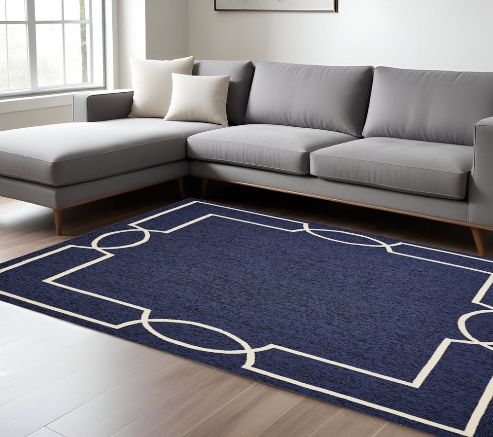 8' X 11' Blue And Ivory Geometric Hand Hooked Area Rug