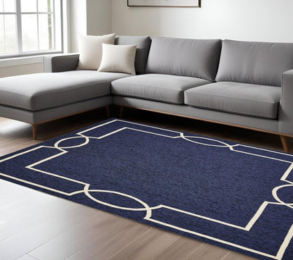 7' X 10' Blue And Ivory Geometric Hand Hooked Area Rug