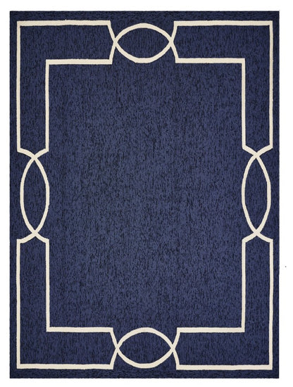 7' X 10' Blue And Ivory Geometric Hand Hooked Area Rug
