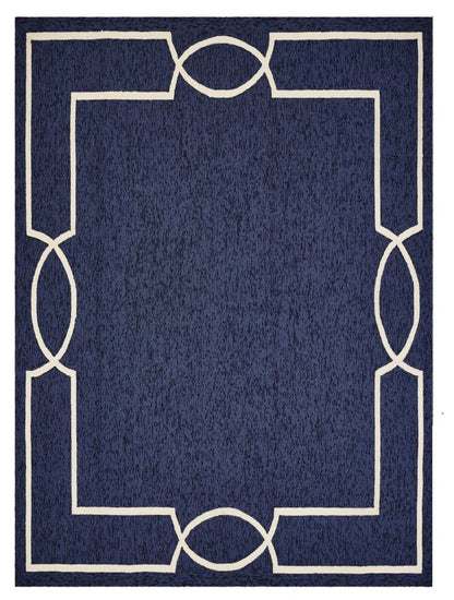 7' X 10' Blue And Ivory Geometric Hand Hooked Area Rug