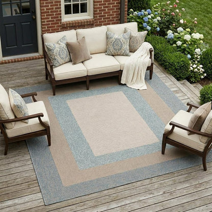 8' X 11' Blue And Beige Handmade Indoor Outdoor Area Rug