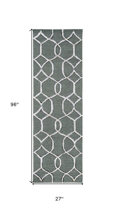 8' Gray Wool Geometric Hand Tufted Runner Rug