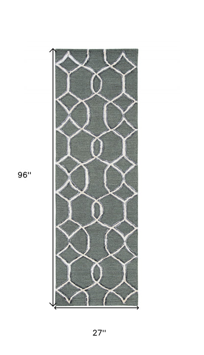 8' Gray Wool Geometric Hand Tufted Runner Rug