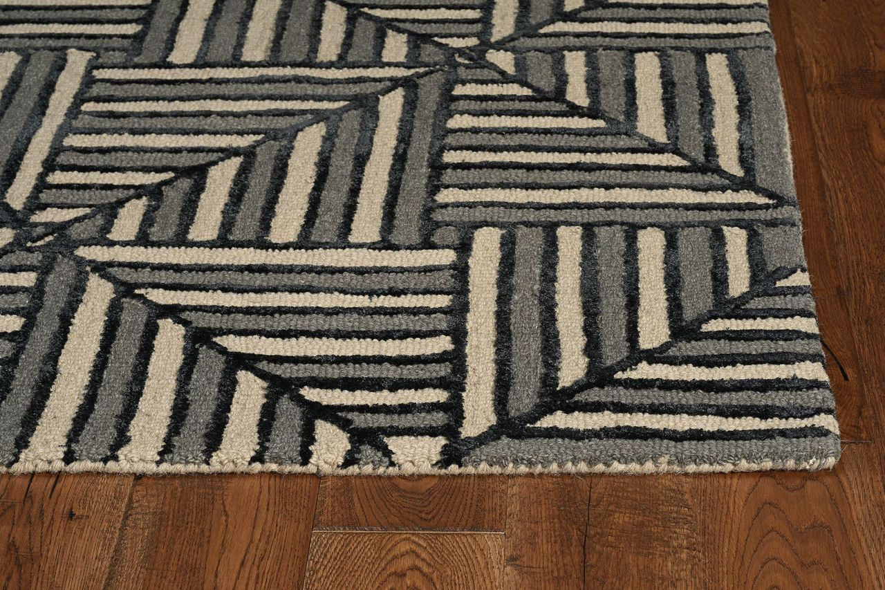 115' Beige and Charcoal Wool Geometric Hand Tufted Area Rug