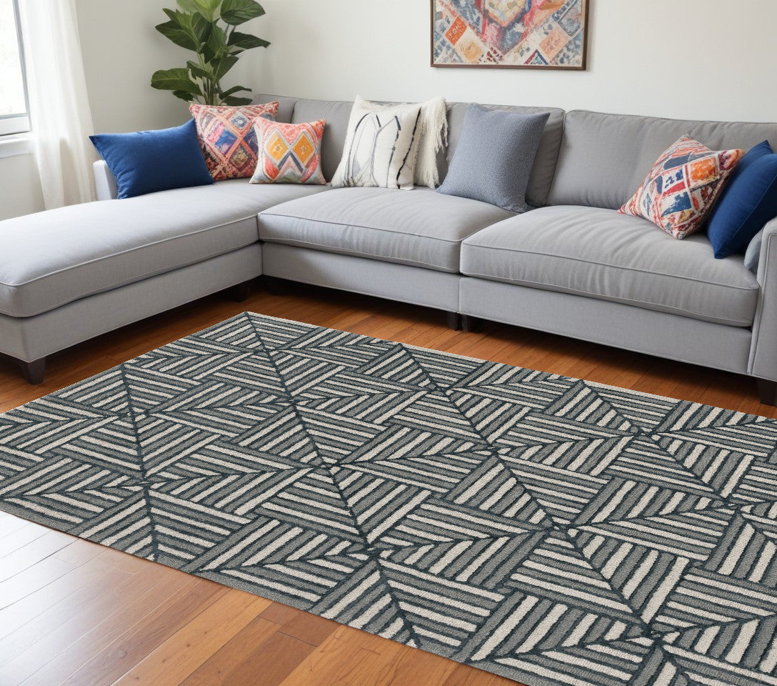 115' Beige and Charcoal Wool Geometric Hand Tufted Area Rug