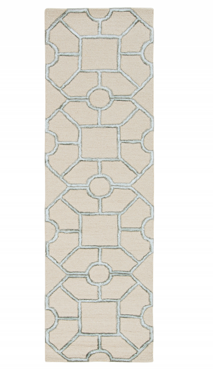 8' Beige Wool Geometric Hand Tufted Runner Rug