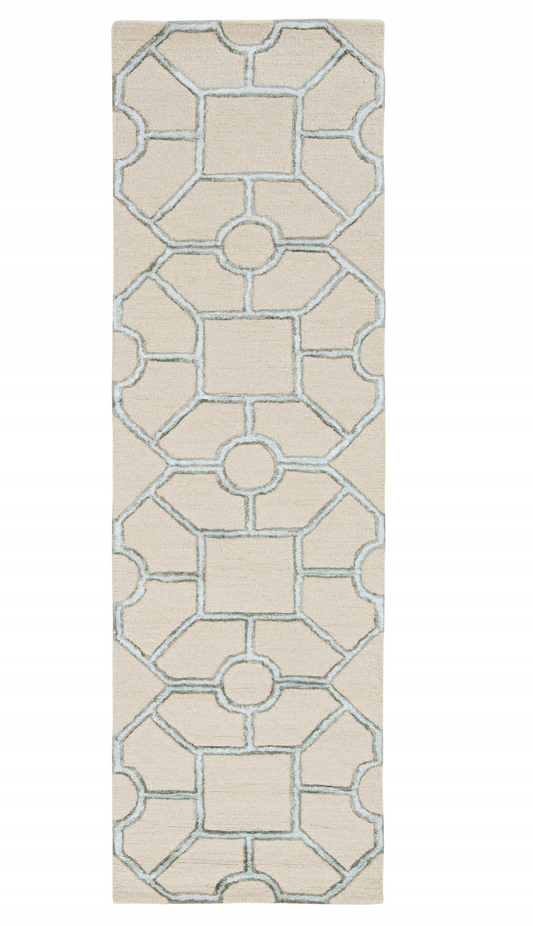 8' Beige Wool Geometric Hand Tufted Runner Rug