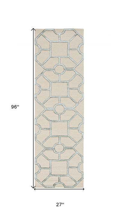 8' Beige Wool Geometric Hand Tufted Runner Rug