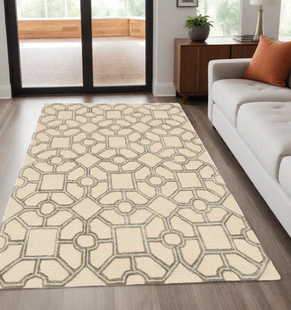 8' Beige Wool Geometric Hand Tufted Runner Rug