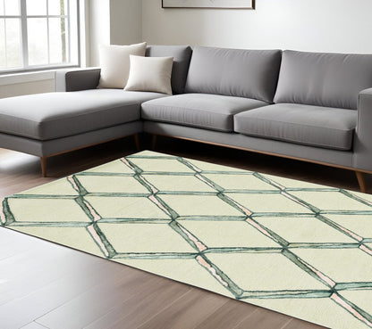 8' Cream And Aqua Wool Geometric Hand Tufted Runner Rug