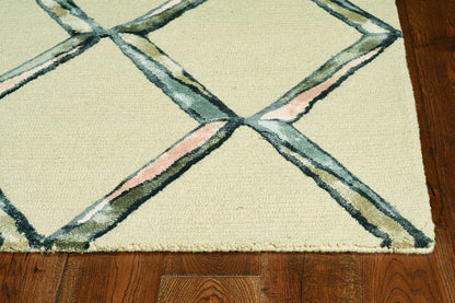 8' Cream And Aqua Wool Geometric Hand Tufted Runner Rug