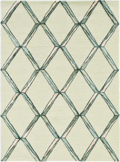 8' Cream And Aqua Wool Geometric Hand Tufted Runner Rug