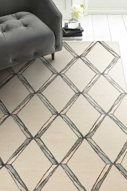 8' Cream And Aqua Wool Geometric Hand Tufted Runner Rug