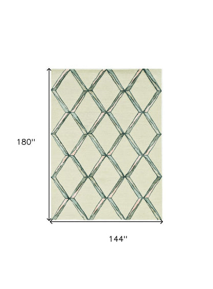 8' Cream And Aqua Wool Geometric Hand Tufted Runner Rug