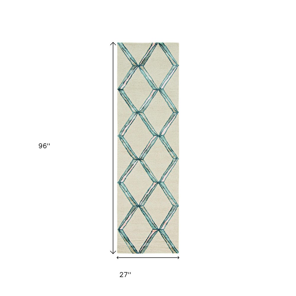 8' Cream And Aqua Wool Geometric Hand Tufted Runner Rug