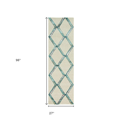 8' Cream And Aqua Wool Geometric Hand Tufted Runner Rug