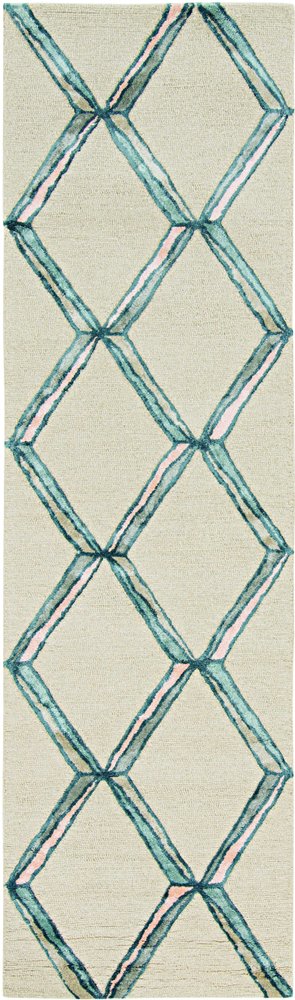 8' Cream And Aqua Wool Geometric Hand Tufted Runner Rug
