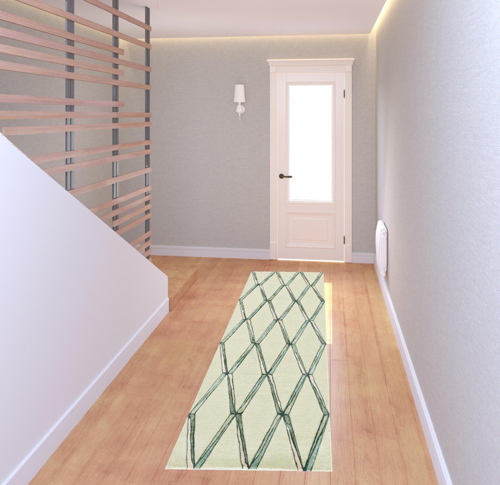 8' Cream And Aqua Wool Geometric Hand Tufted Runner Rug