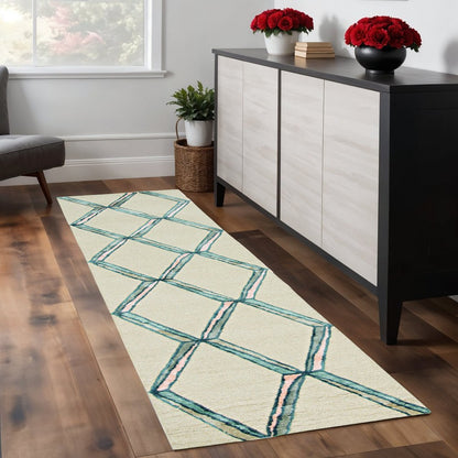 8' Cream And Aqua Wool Geometric Hand Tufted Runner Rug