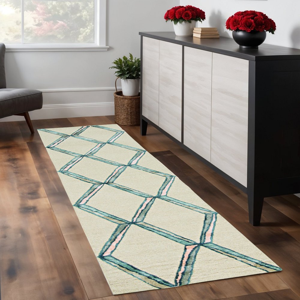8' Cream And Aqua Wool Geometric Hand Tufted Runner Rug
