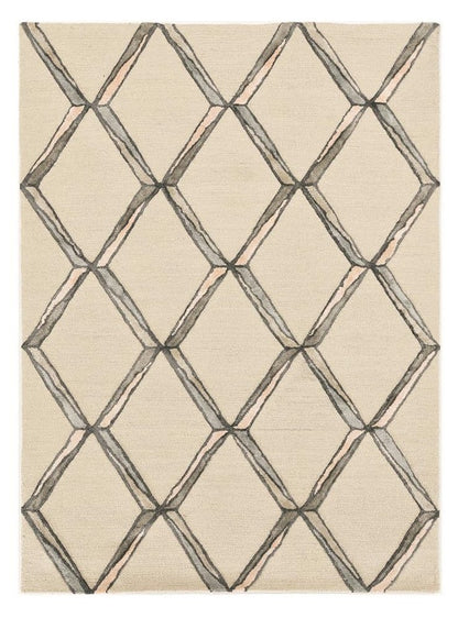8' Cream And Aqua Wool Geometric Hand Tufted Runner Rug