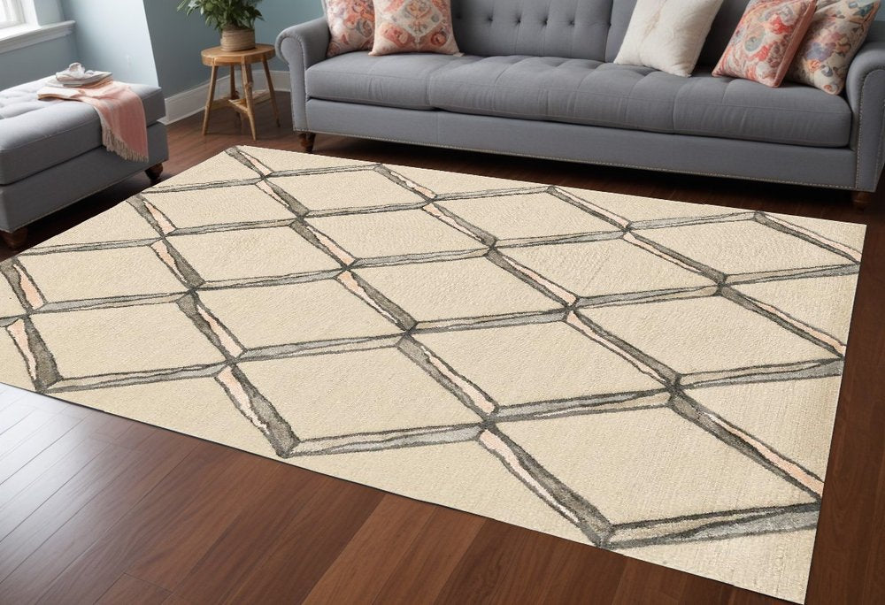 8' Cream And Aqua Wool Geometric Hand Tufted Runner Rug