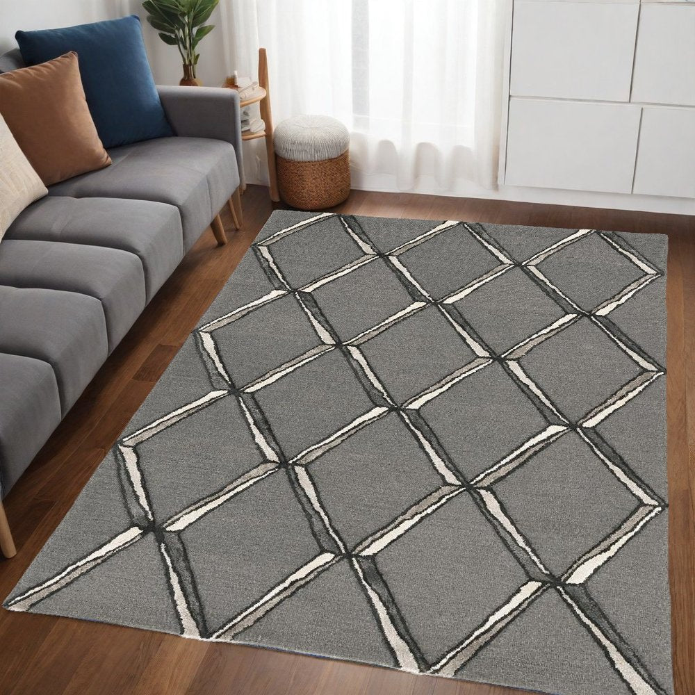 8' X 10' Gray And Ivory Wool Geometric Hand Tufted Area Rug