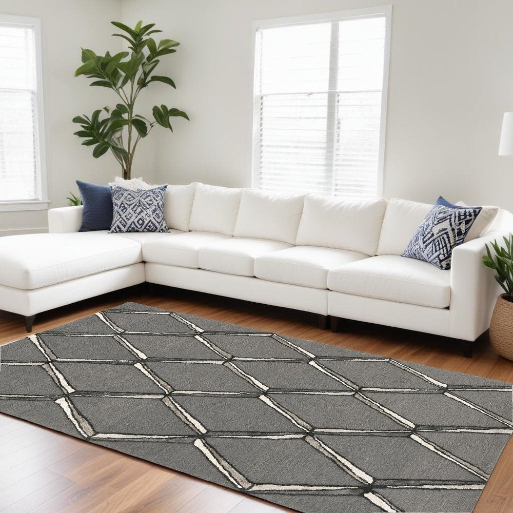 8' X 10' Gray And Ivory Wool Geometric Hand Tufted Area Rug