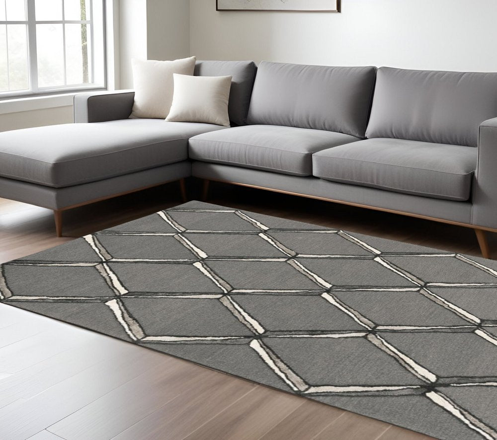 8' X 10' Gray And Ivory Wool Geometric Hand Tufted Area Rug