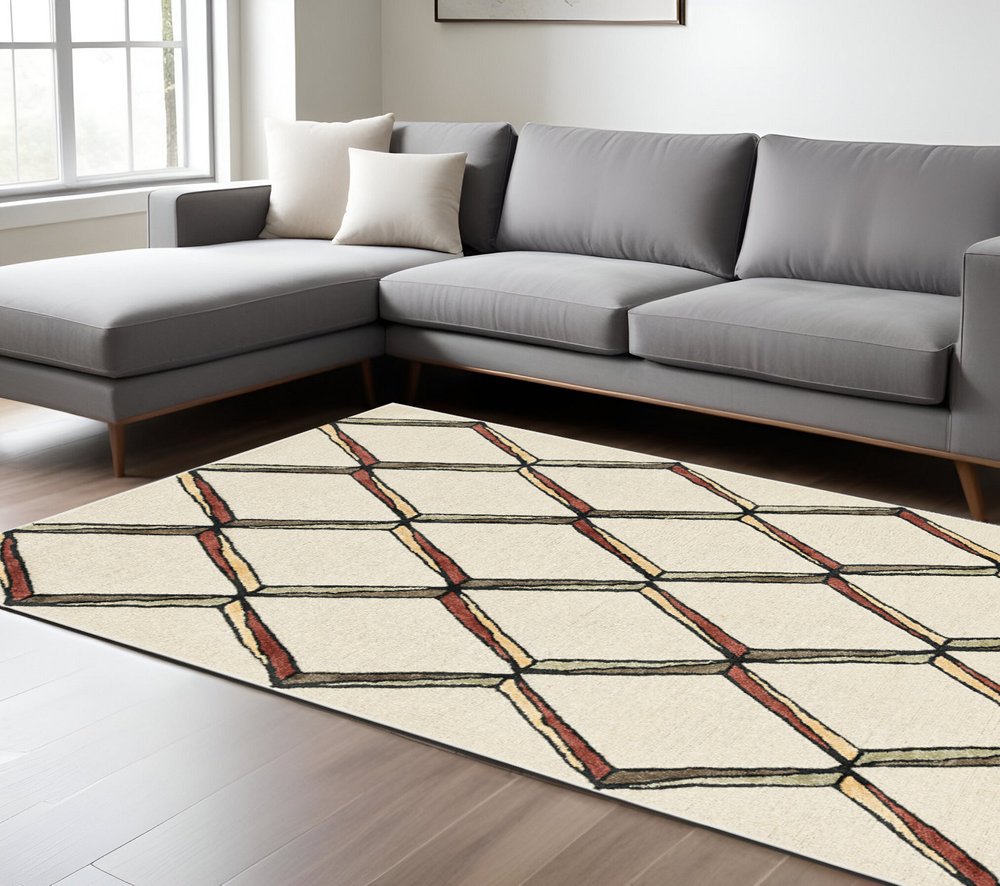 8' Beige Rust And Gold Wool Geometric Hand Tufted Runner Rug