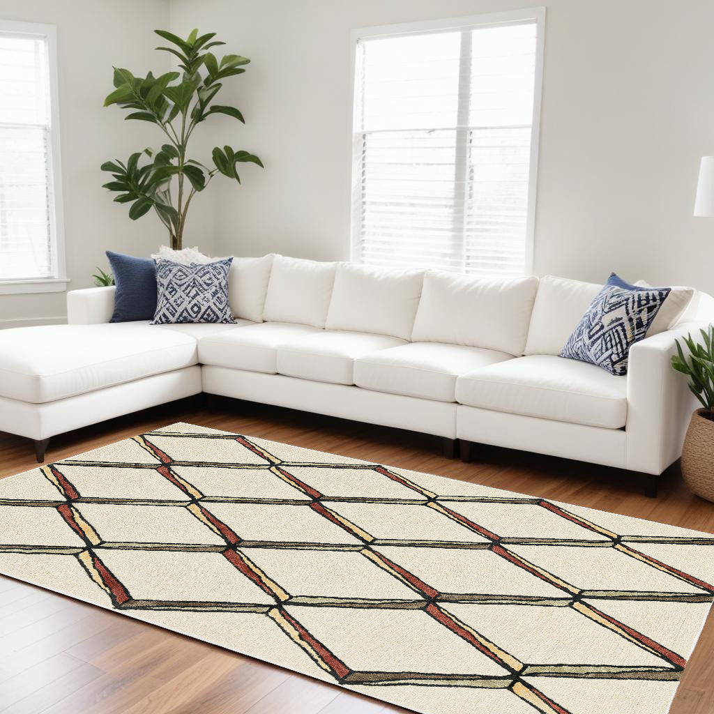 115' Beige Rust and Gold Wool Geometric Hand Tufted Area Rug