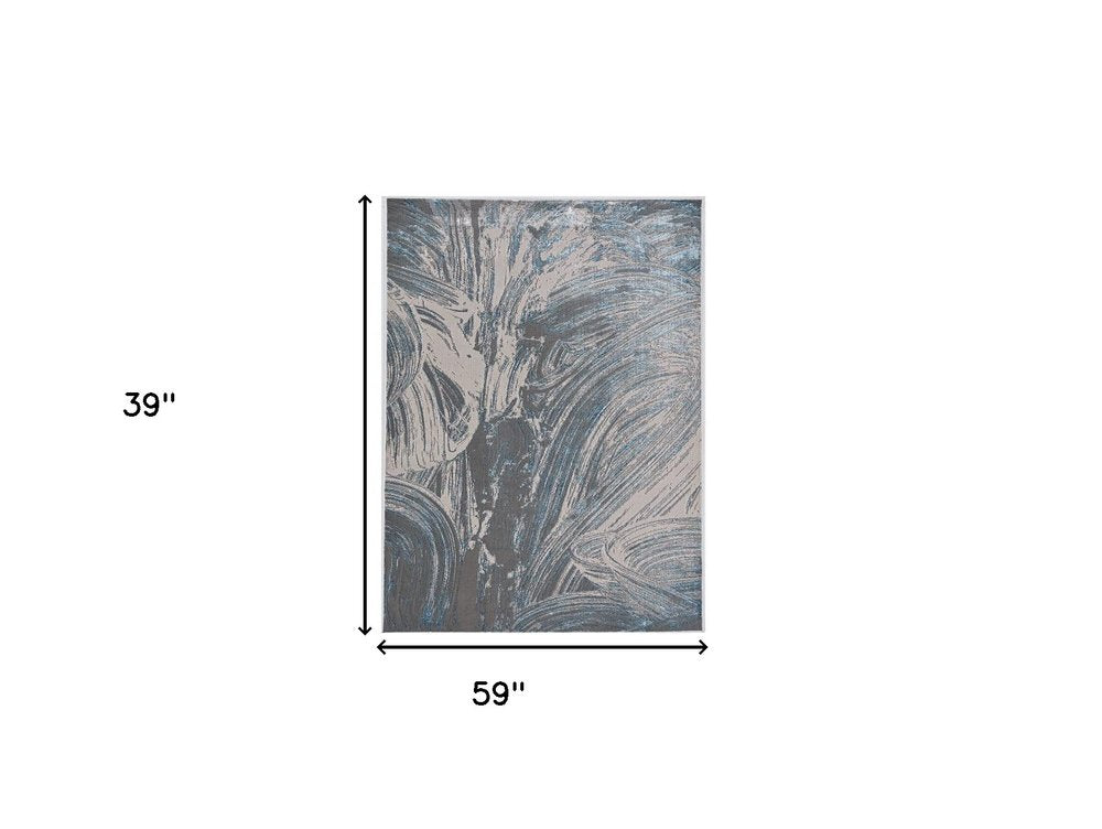3' X 5' Blue And Silver Abstract Area Rug