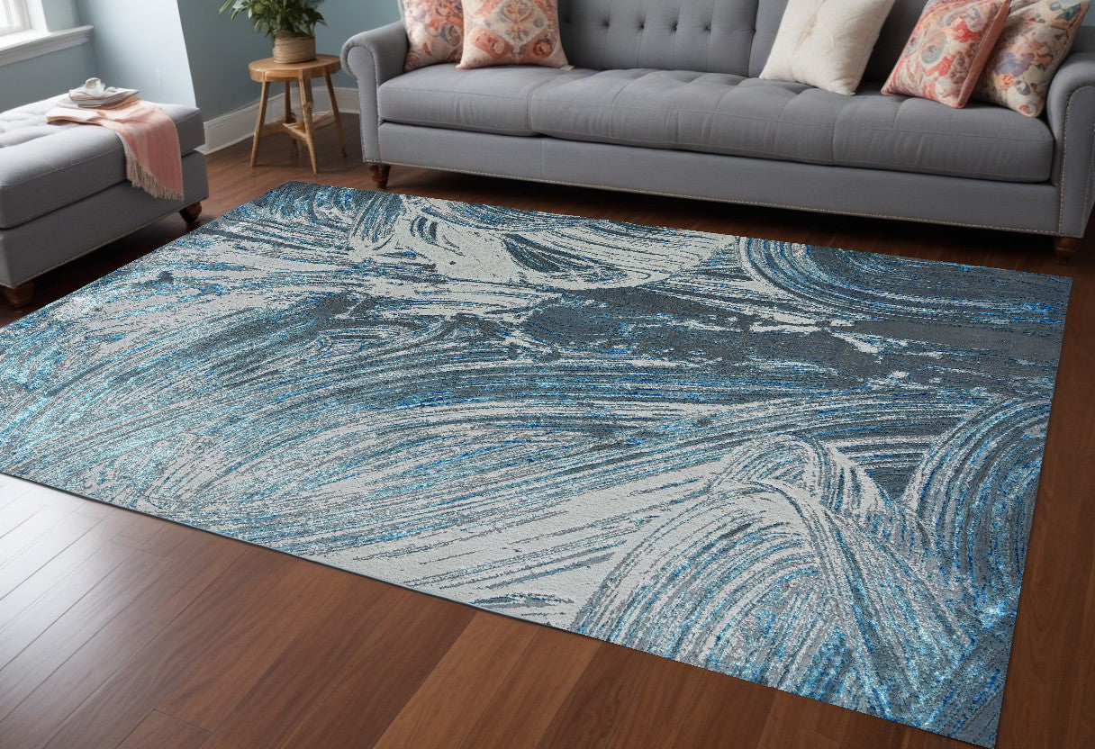 5' X 8' Silver Or Blue Abstract Brushstrokes Indoor Area Rug