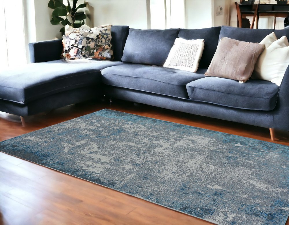 5' X 8' Silver And Blue Abstract Area Rug