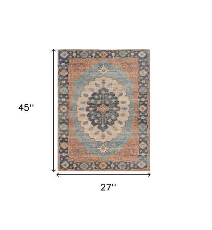 8' X 10' Blue Orange And Black Medallion Hand Woven Distressed Area Rug