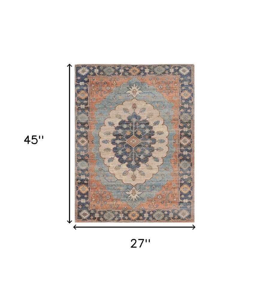 8' X 10' Blue Orange And Black Medallion Hand Woven Distressed Area Rug