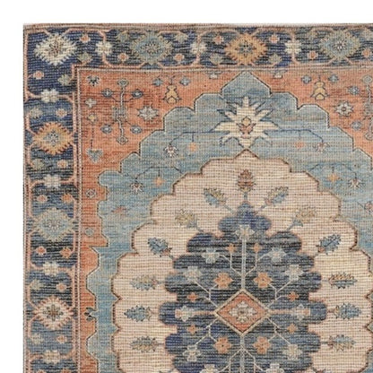 8' X 10' Blue Orange And Black Medallion Hand Woven Distressed Area Rug