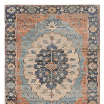 8' X 10' Blue Orange And Black Medallion Hand Woven Distressed Area Rug