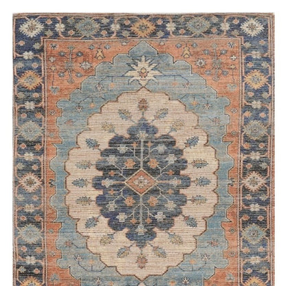 8' X 10' Blue Orange And Black Medallion Hand Woven Distressed Area Rug