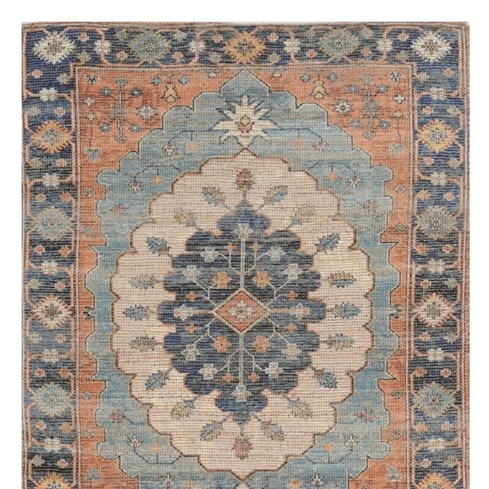 8' X 10' Blue Orange And Black Medallion Hand Woven Distressed Area Rug